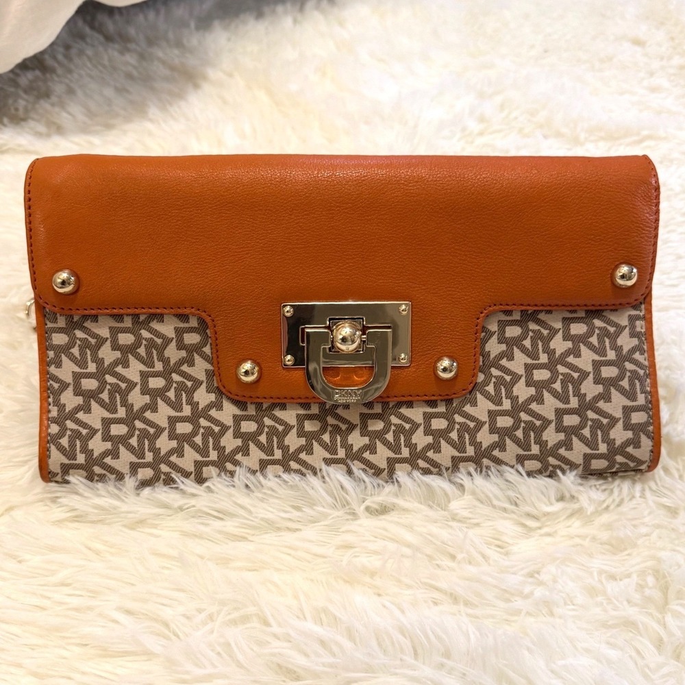DKNY Monogram Logo Orange Leather Trim Shoulder Bag Baguette Purse Gold Hardware